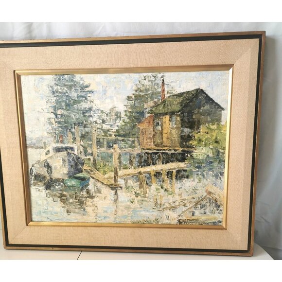 Original Oil Painting Waterfront by Peggy Hill Signed 1974 H 24.25 inch, W 30.25 - Picture 2 of 16